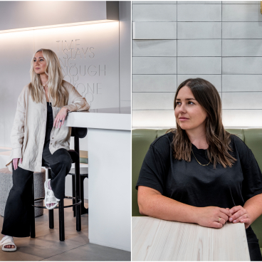 Katie Lea and Natalie Gray, NoChintz directors, captured in a modern interior design space, showcasing brand storytelling and creativity.