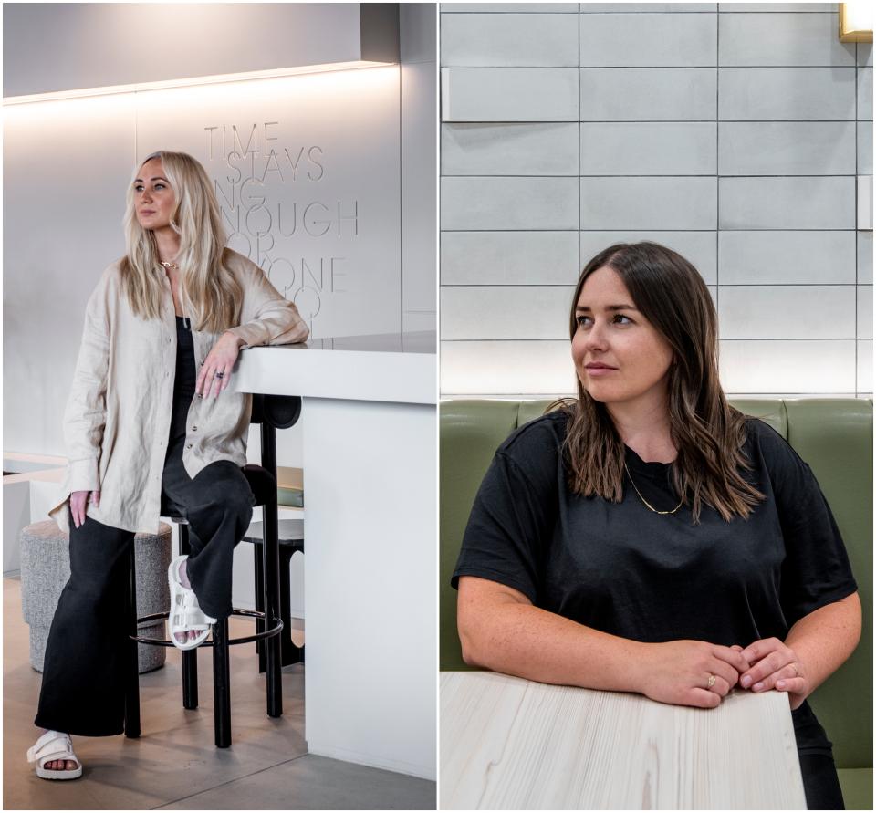 Katie Lea and Natalie Gray, NoChintz directors, captured in a modern interior design space, showcasing brand storytelling and creativity.