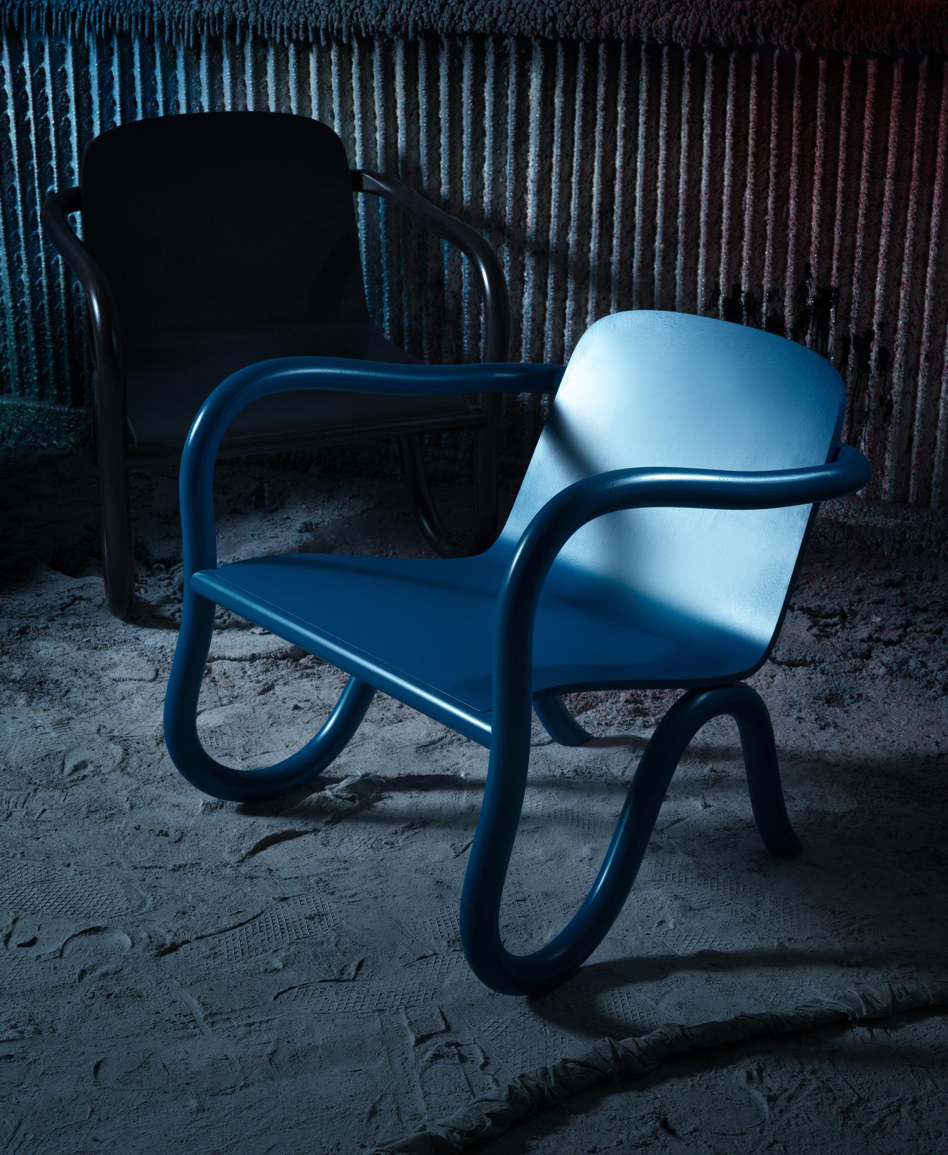 Bespoke Kolho chair designed by Matthew Day Jackson, showcasing innovative Finnish craftsmanship with a striking blue finish.