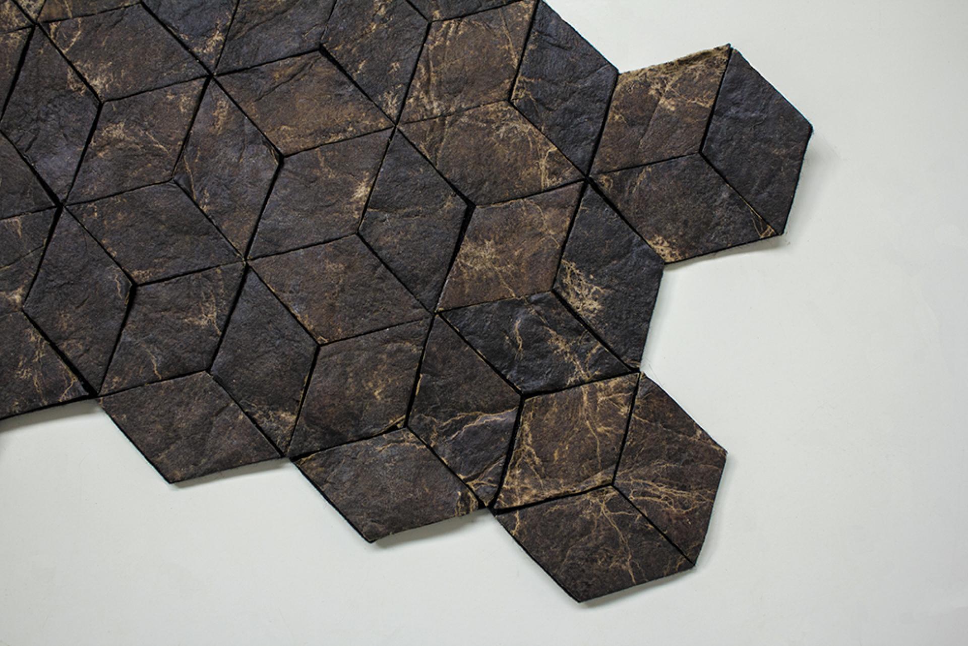 Textured hexagonal tiles made from innovative biomaterials, showcasing a dark, natural aesthetic for sustainable design.