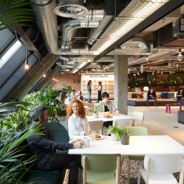 Modern workspace interior featuring employees engaging in conversations and collaboration among greenery and contemporary furnishings.