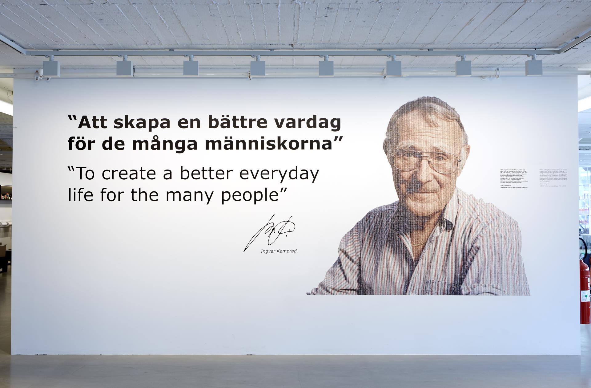 Quote from Ingvar Kamprad on a wall at the IKEA Museum about creating better everyday life for many people.
