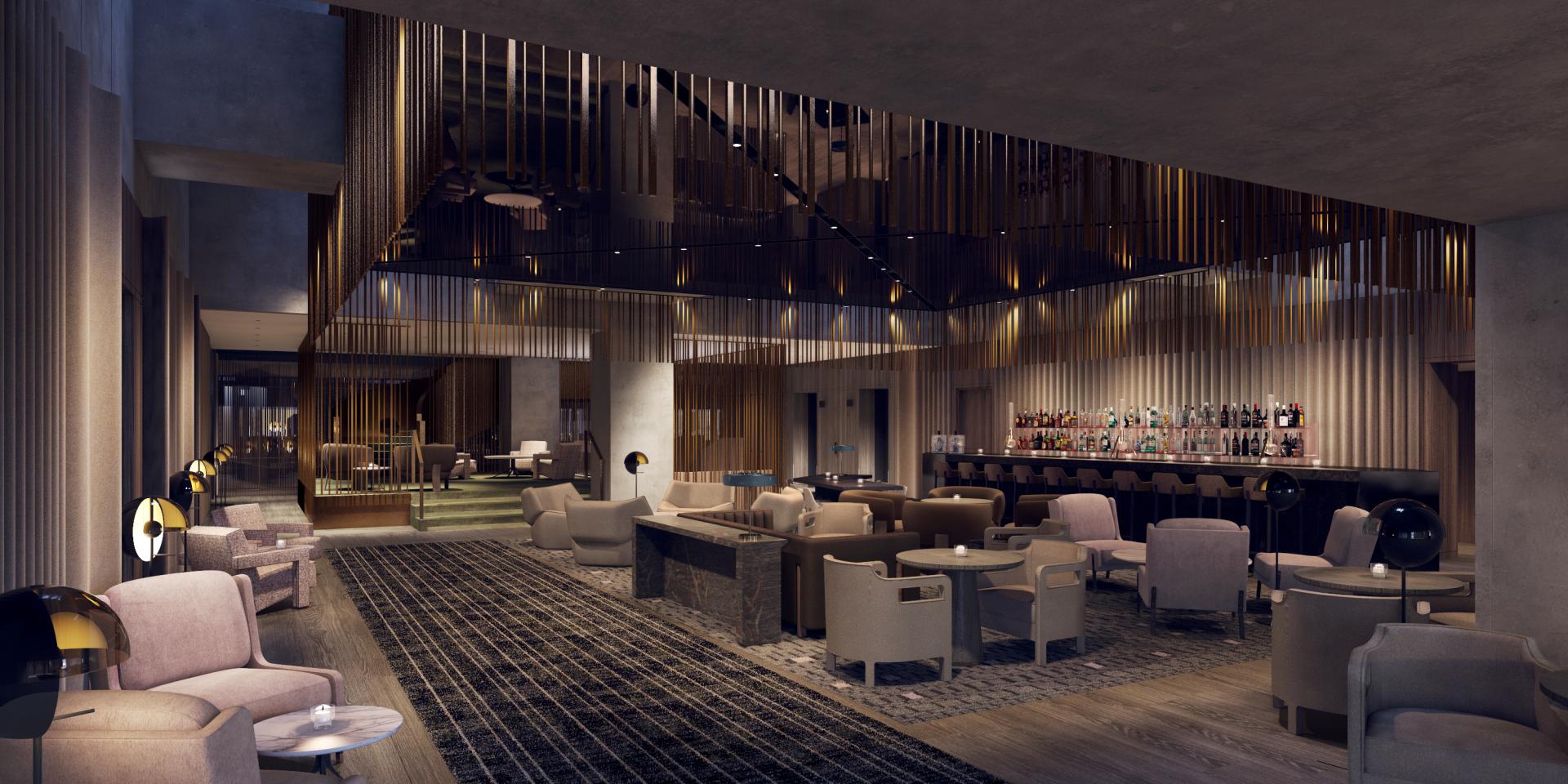 Luxurious lounge interior designed by Yabu Pushelberg, showcasing elegant seating, a stylish bar, and sophisticated lighting.
