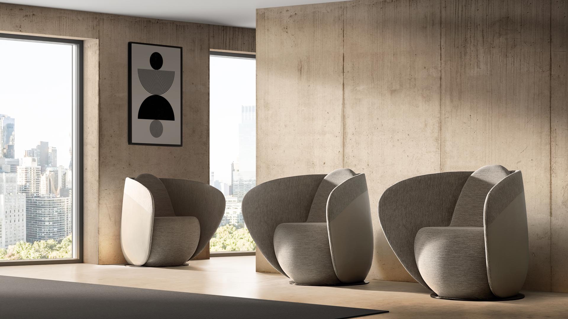 Rounded cocoon chairs from Gresham's Relo collection, designed for calming workspace aesthetics, with a city view backdrop.