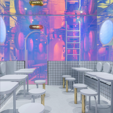 Interior of Masquespacio's Bun restaurant in Milan featuring modern design, white tables, and vibrant reflective walls.