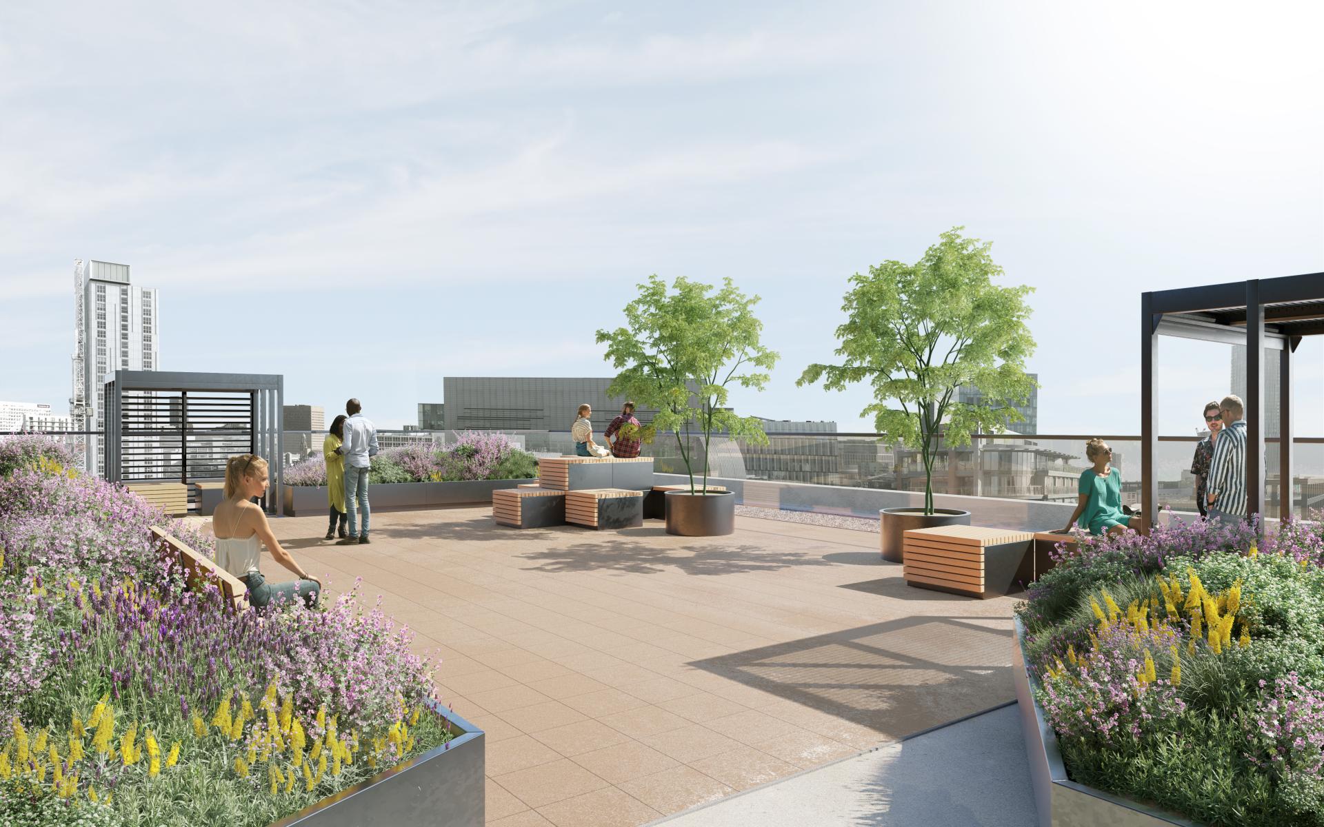 Rooftop garden at New Bailey Street, showcasing sustainable architecture with greenery and seating for urban biodiversity.