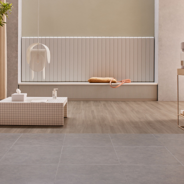 Serene interior featuring Forbo’s Allura Decibel LVT collection, showcasing natural materials and modern decor elements.