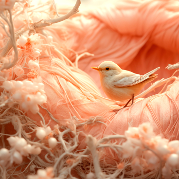 A delicate white bird perched on soft peach fabric surrounded by flowers, embodying Pantone's 2024 Colour of the Year, Peach Fuzz.