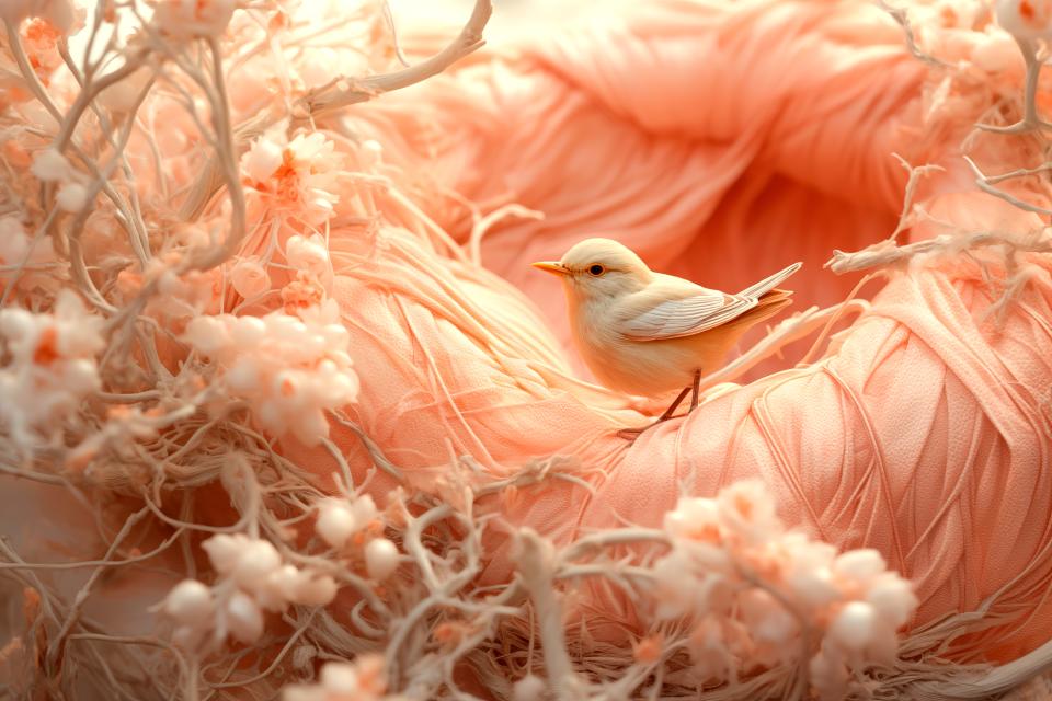 A delicate white bird perched on soft peach fabric surrounded by flowers, embodying Pantone's 2024 Colour of the Year, Peach Fuzz.