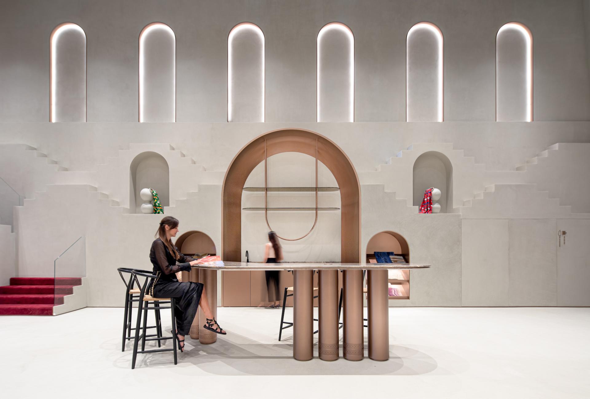 Stylish interior of Jaipur Rugs' Dubai showroom featuring Rajasthani-inspired architecture and elegant design elements.