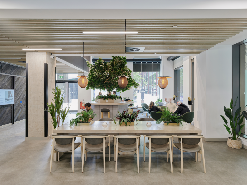 Modern co-working space featuring greenery, a large communal table, and relaxed seating, showcasing Vita Group's uhaus brand design.