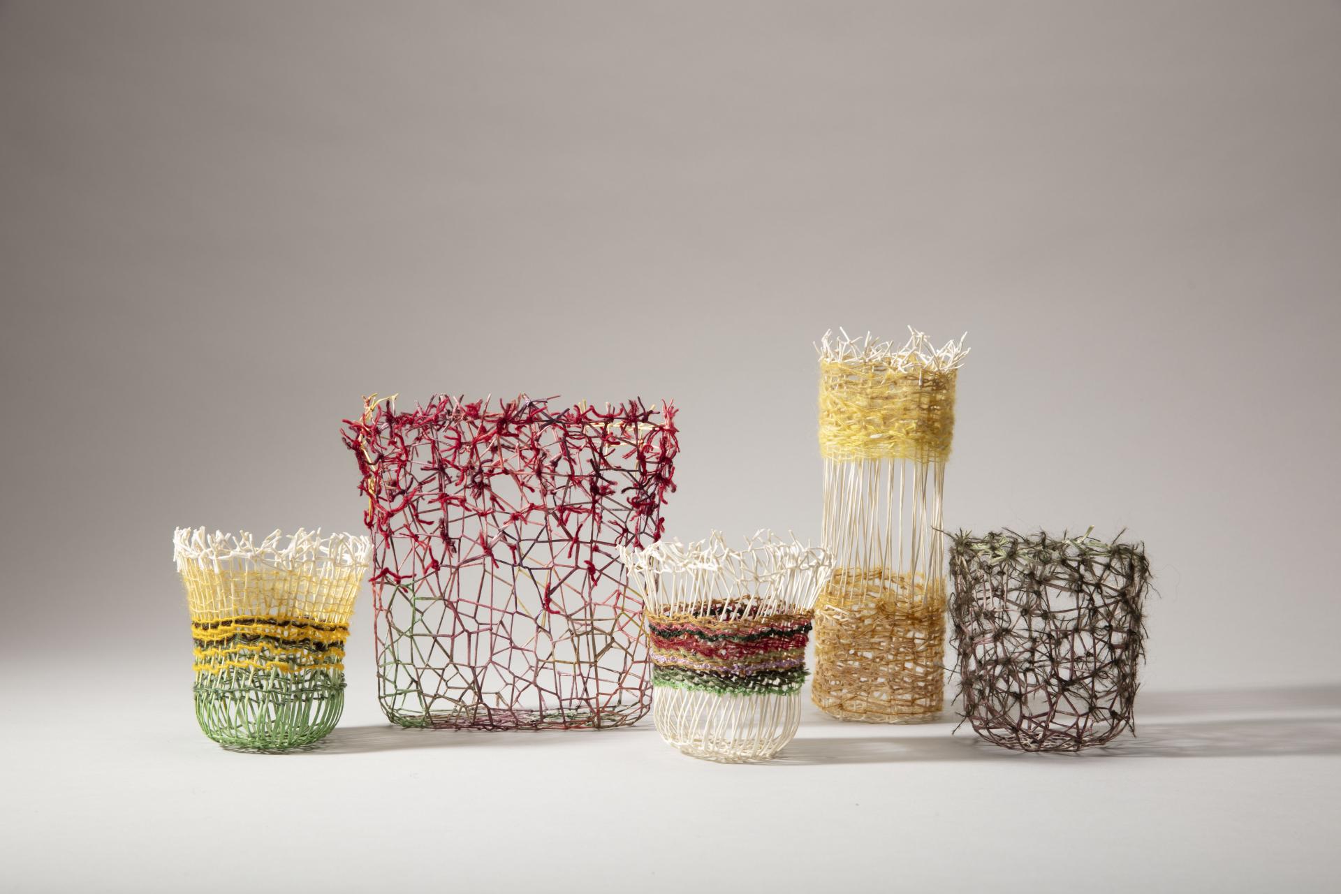 Colorful artisanal woven baskets displayed for Future Icons Selects at London Craft Week 2024, showcasing contemporary craft innovation.