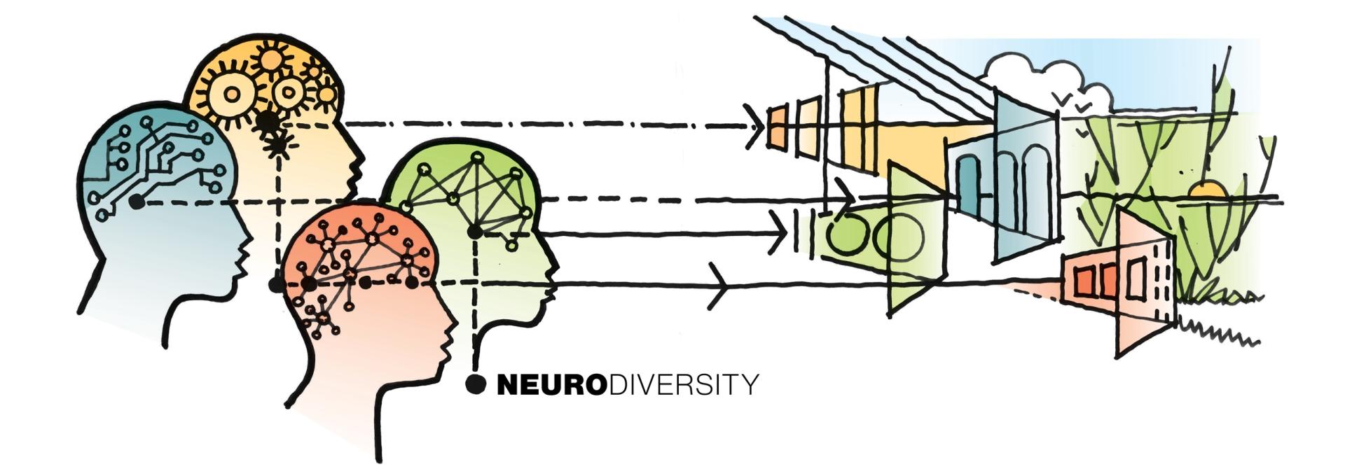 Illustration depicting diverse heads linked to design concepts focused on neurodiversity in creative environments.