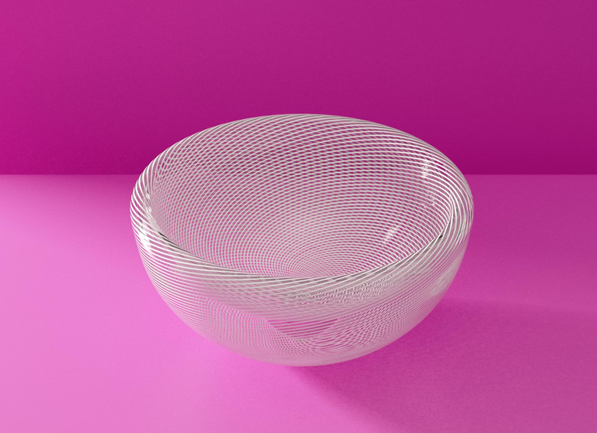 Clear circular bowl with intricate swirling patterns, set against a vibrant pink background, highlighting KEEP Brooklyn's unique design.