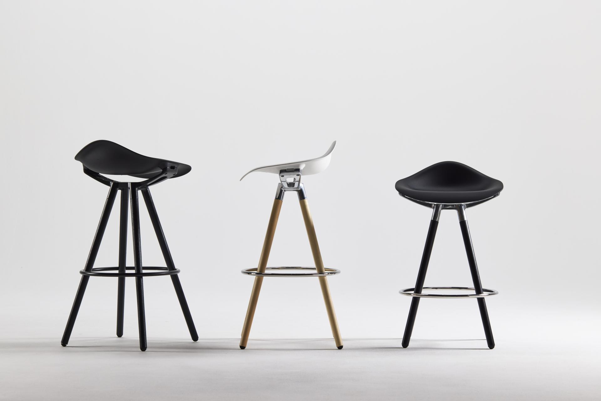 Modern bar stools in black and white showcasing sustainable design trends at Orgatec 2024 for a greener future of work.