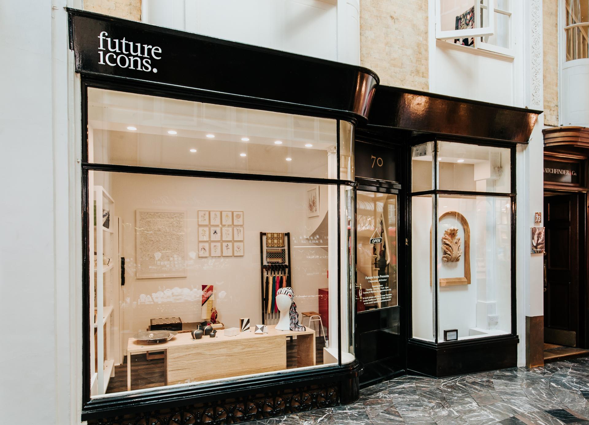 Future Icons store in Burlington Arcade showcasing unique design pieces and crafts through its inviting window display.