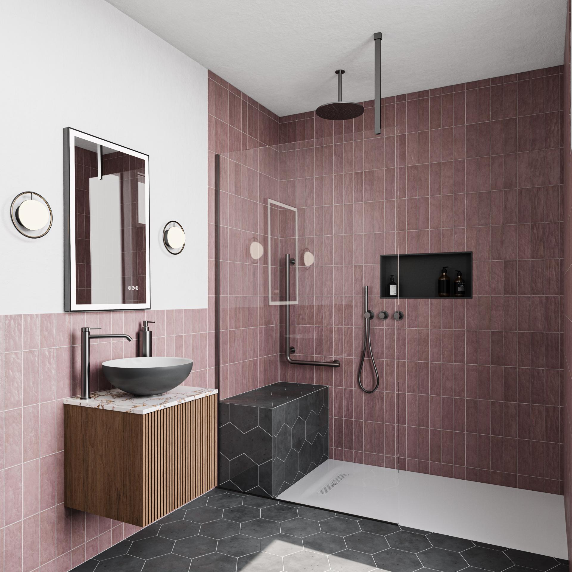 Modern bathroom design featuring a pink tiled shower, stylish fixtures, and contemporary decor elements for 2025 aesthetics.
