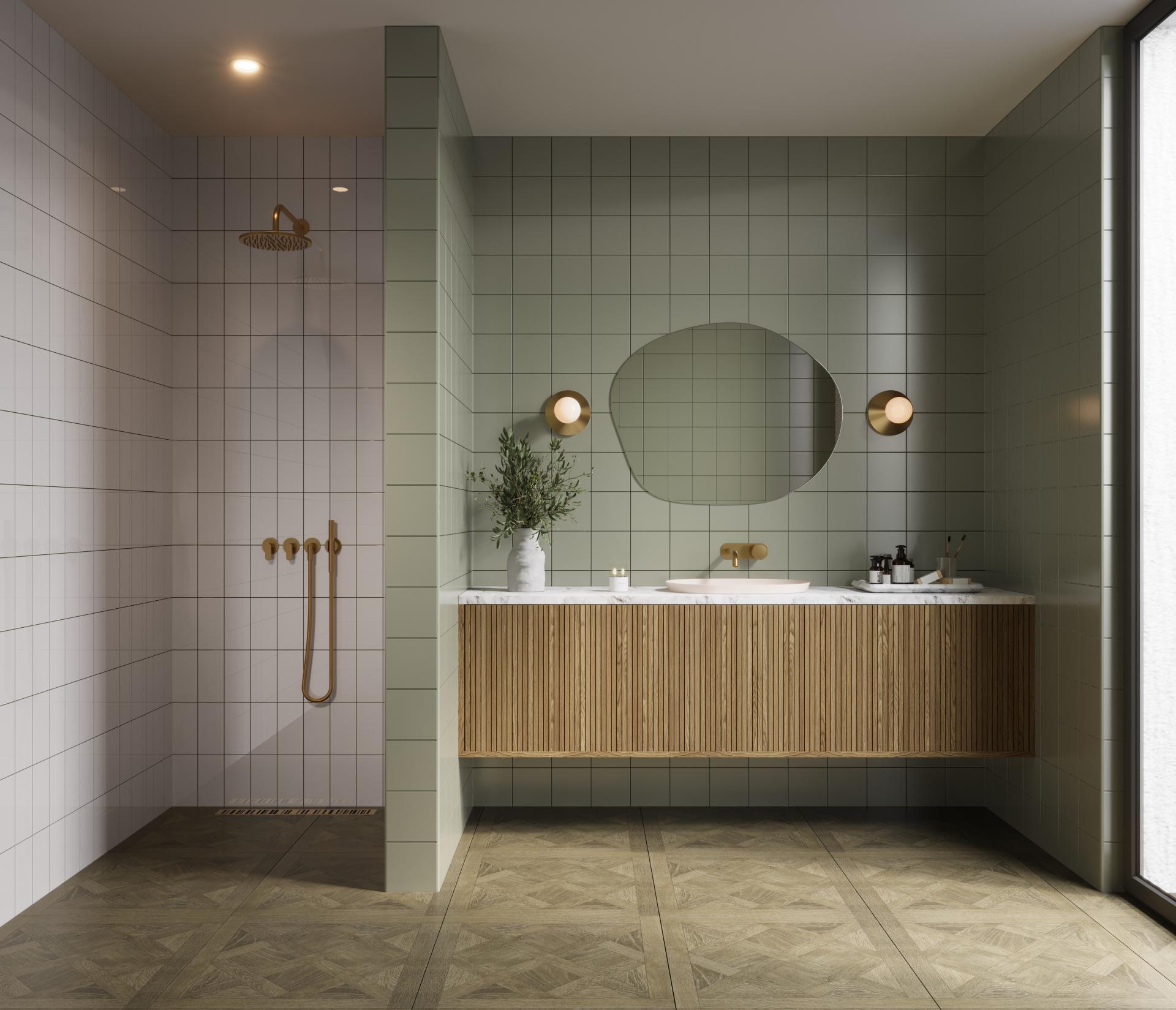 Stylish bathroom featuring Parkside's Matrix tiles, with coordinated green and white color scheme and elegant wooden vanity.