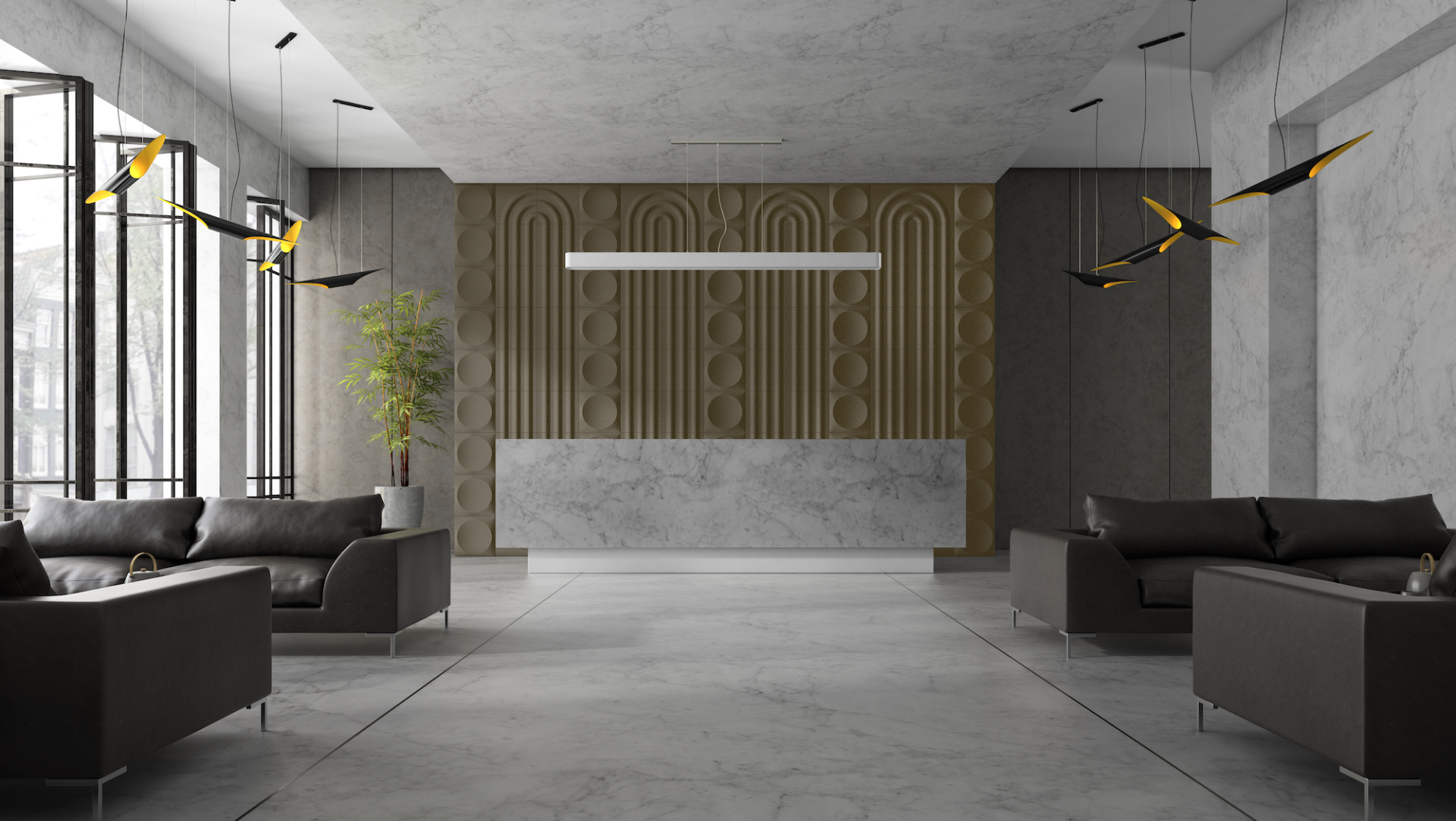 Modern lobby featuring sleek furniture, elegant lighting, and biophilic design elements, highlighting innovative biomaterials and interior design.