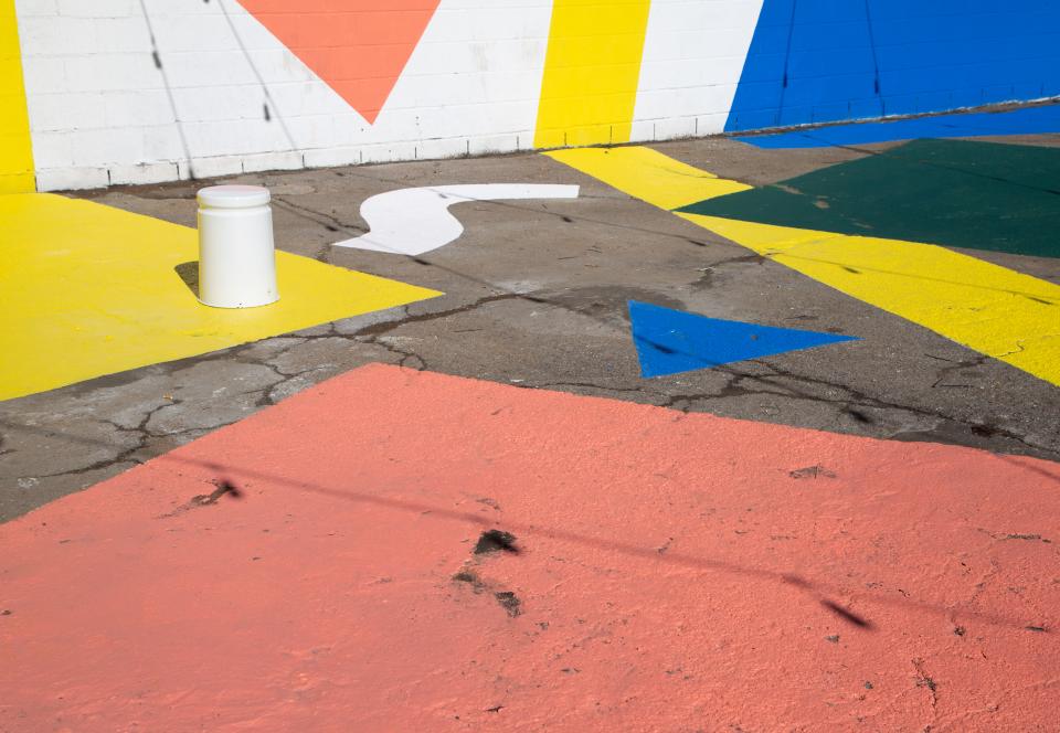 Colorful geometric patterns on the pavement of Hem's first US showroom in downtown Los Angeles.