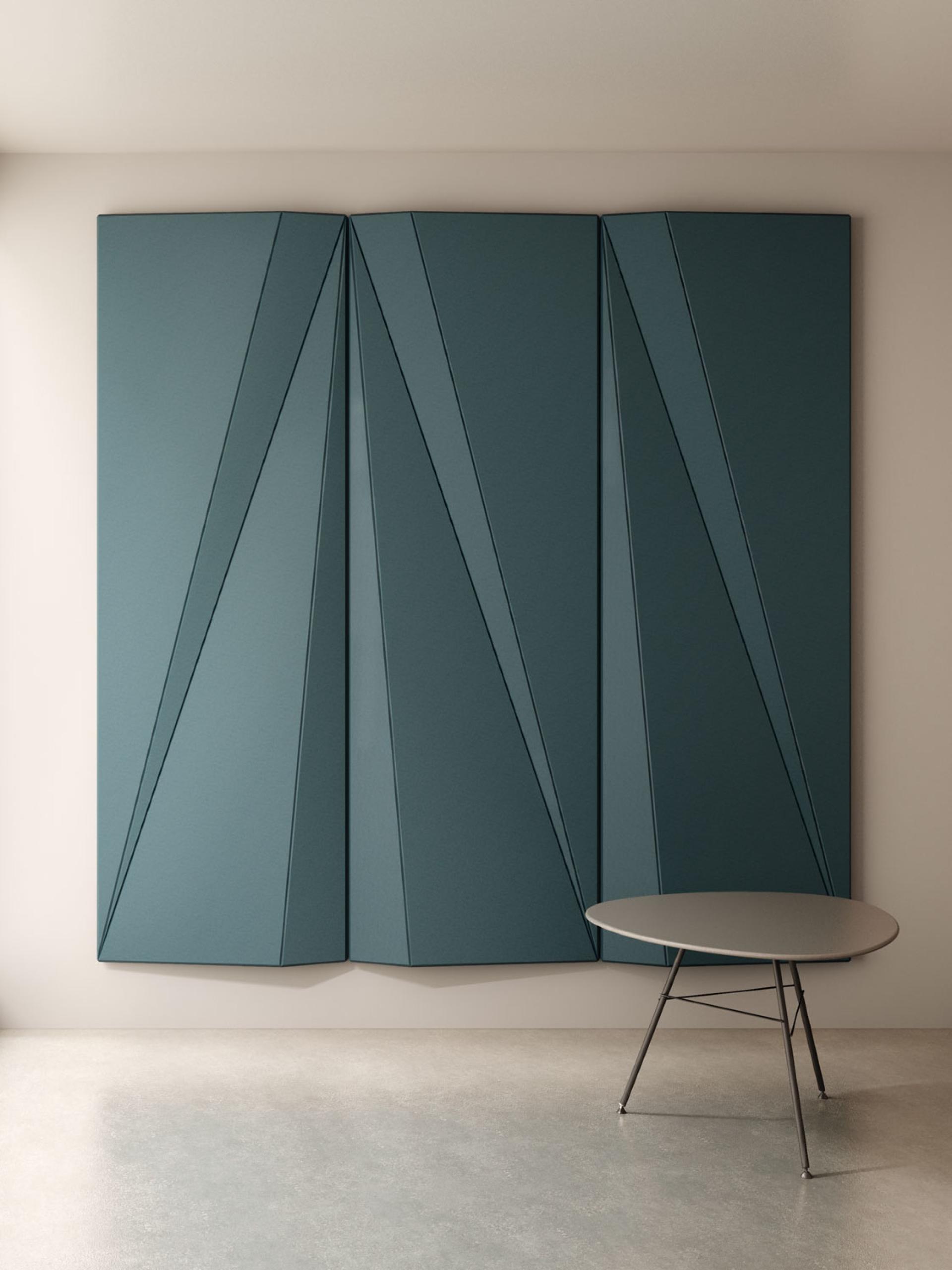 Newly designed Fold Panels showcasing geometric patterns in rich teal, enhancing modern interior aesthetics with innovative textures.