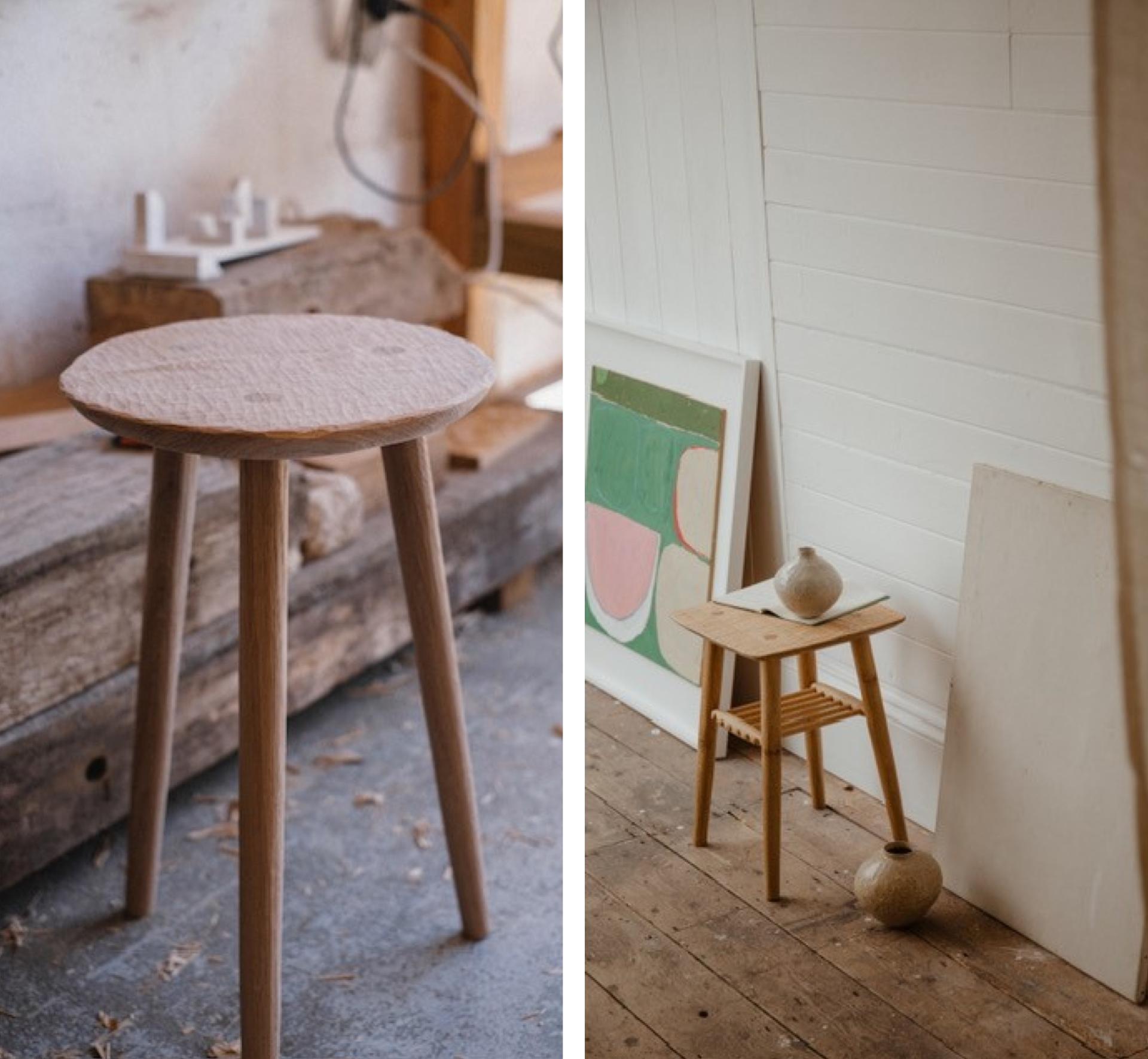 Handcrafted wooden stools displayed in a creative studio setting, showcasing contemporary design from London Craft Week 2024.