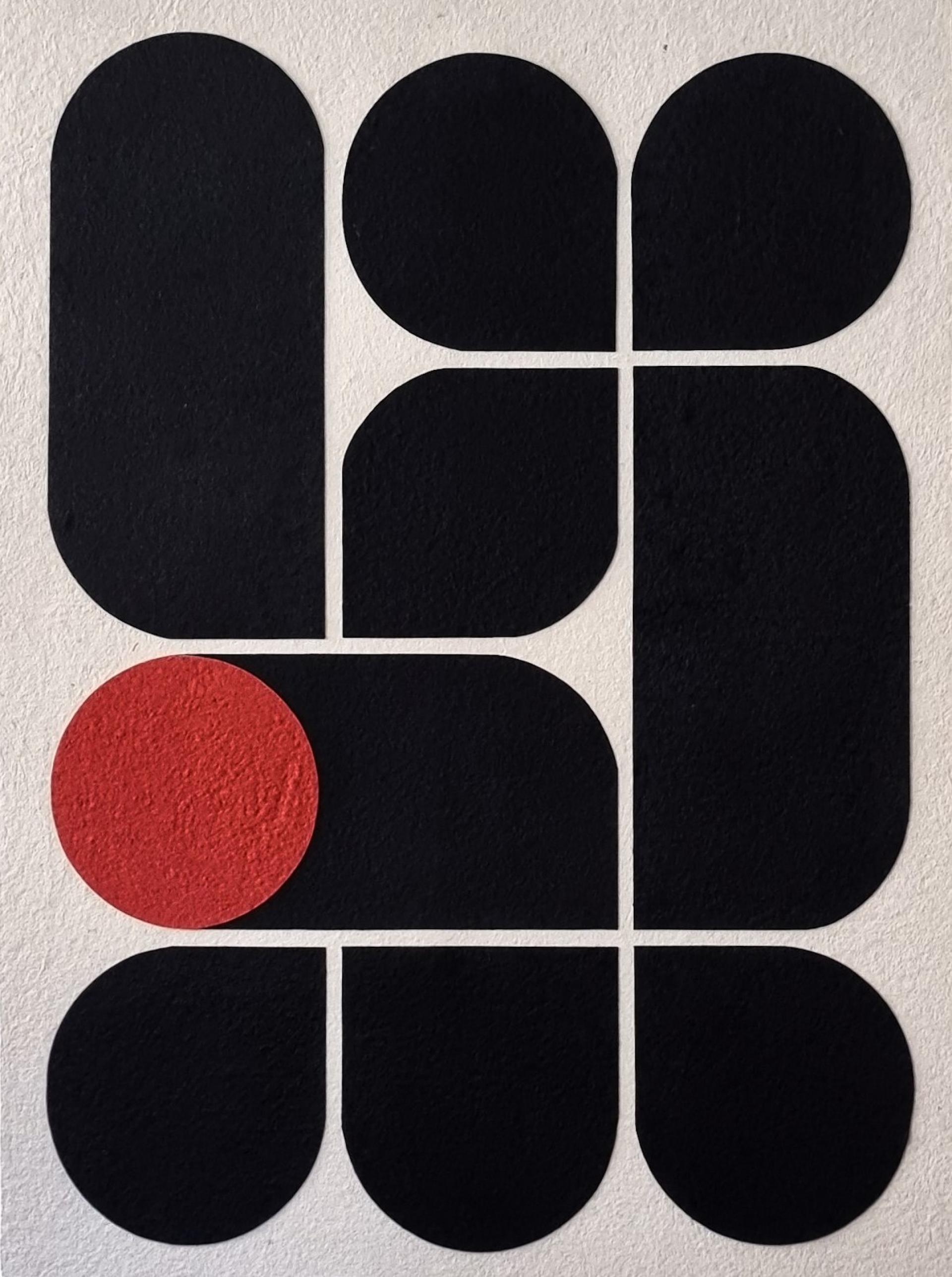 Geometric abstract artwork featuring bold black shapes and a striking red circle created by textile artist Sandra Junele.