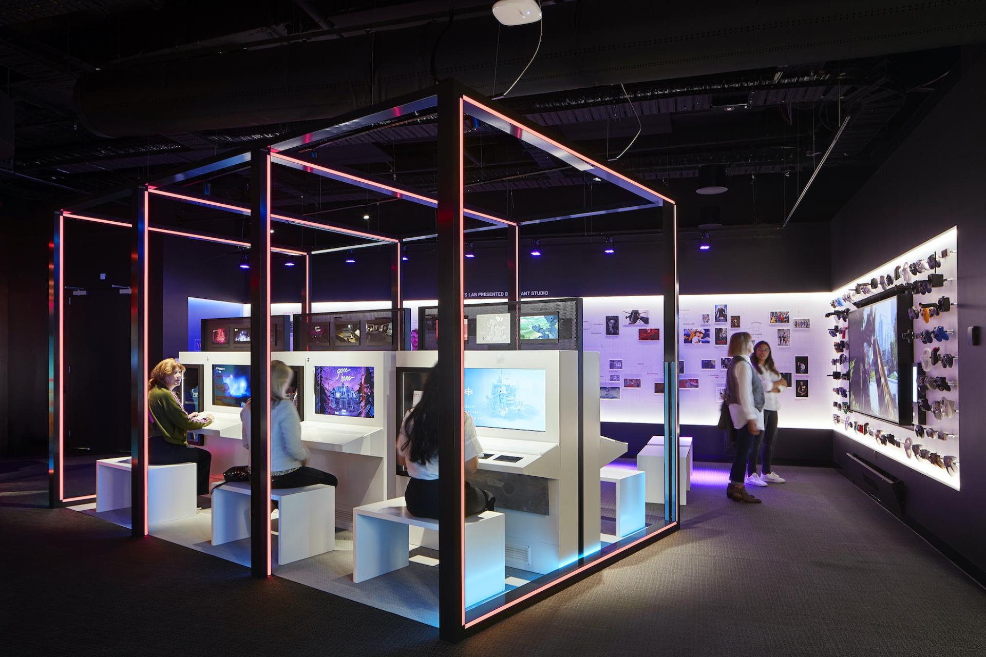 Interactive exhibition space at ACMI showcasing screens and artwork, highlighting Australia's national museum of screen culture.