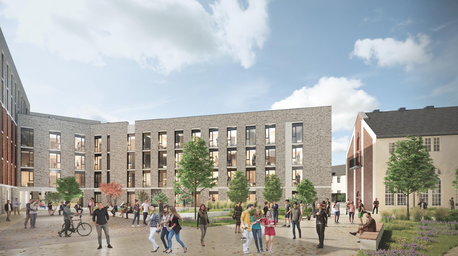 Urban residential development featuring people engaging outdoors, showcasing innovative architecture and green spaces in Scotland.