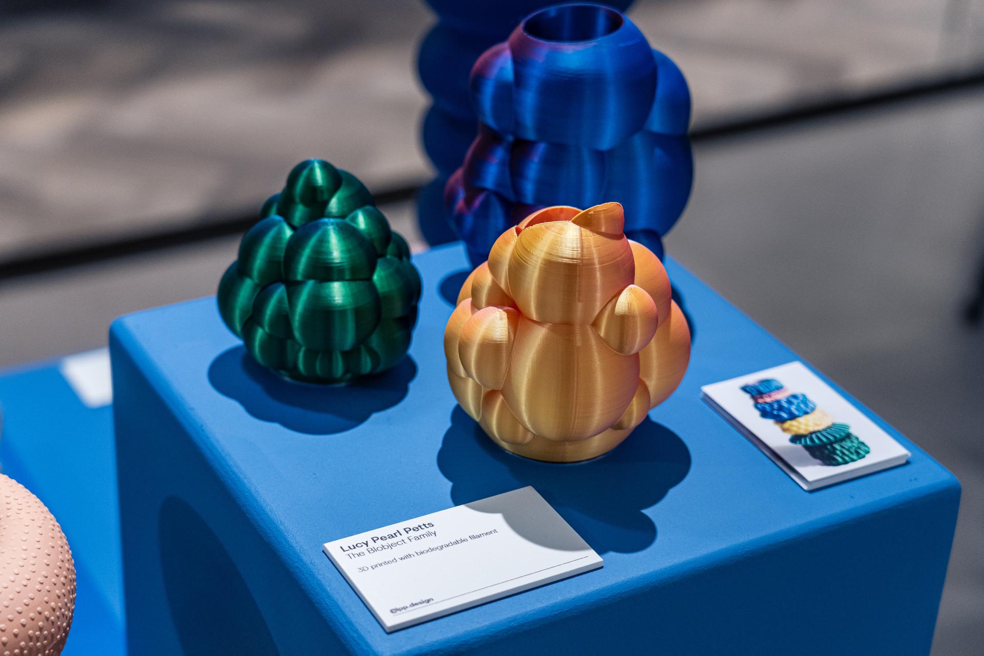 Colorful 3D-printed sculptures by Lucy Pearl Petts displayed at the Makers in Residence showcase in Glasgow.