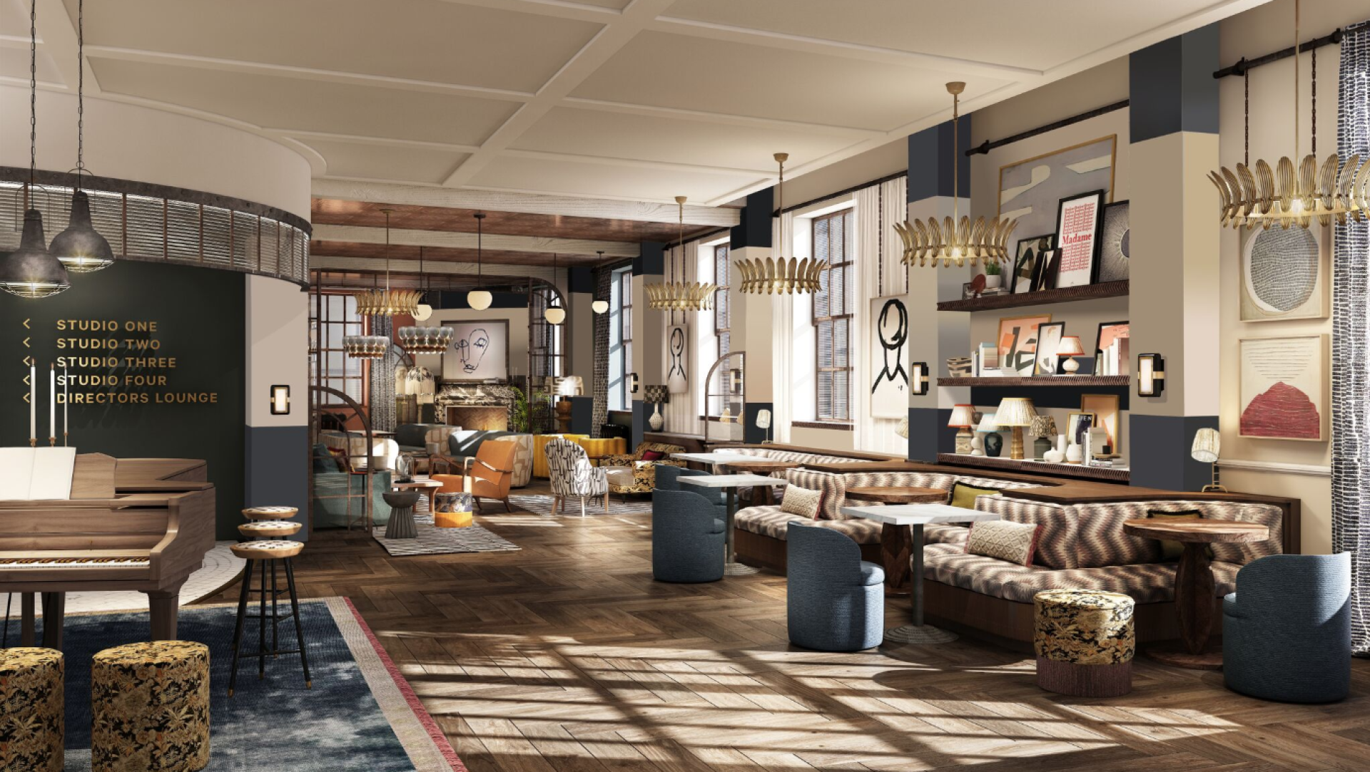 Stylish interior of boutique cinema TIVOLI featuring cozy seating, decorative lighting, and distinctive design elements.