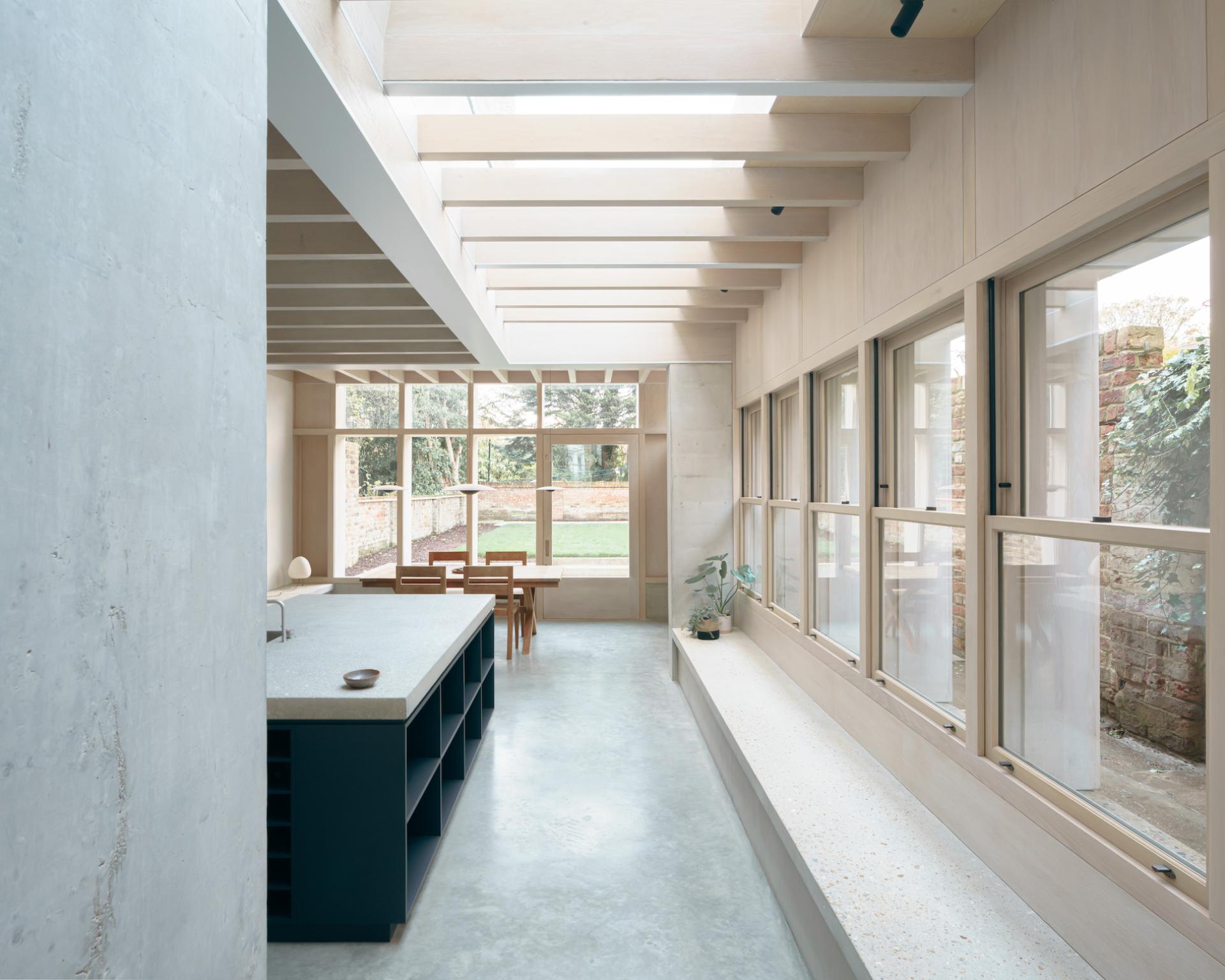 Modern kitchen interior of Concrete Plinth House, featuring natural light, a minimalist design, and outdoor views of green space.