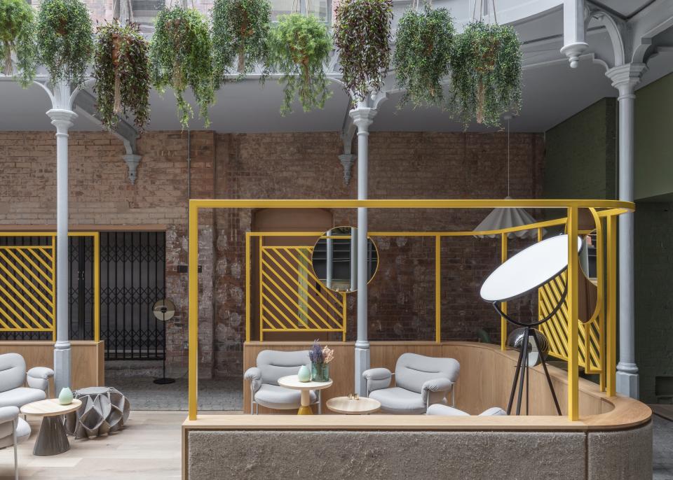 Stylish seating area in Whitworth Locke, a modern aparthotel featuring vibrant design elements in a restored cotton mill.