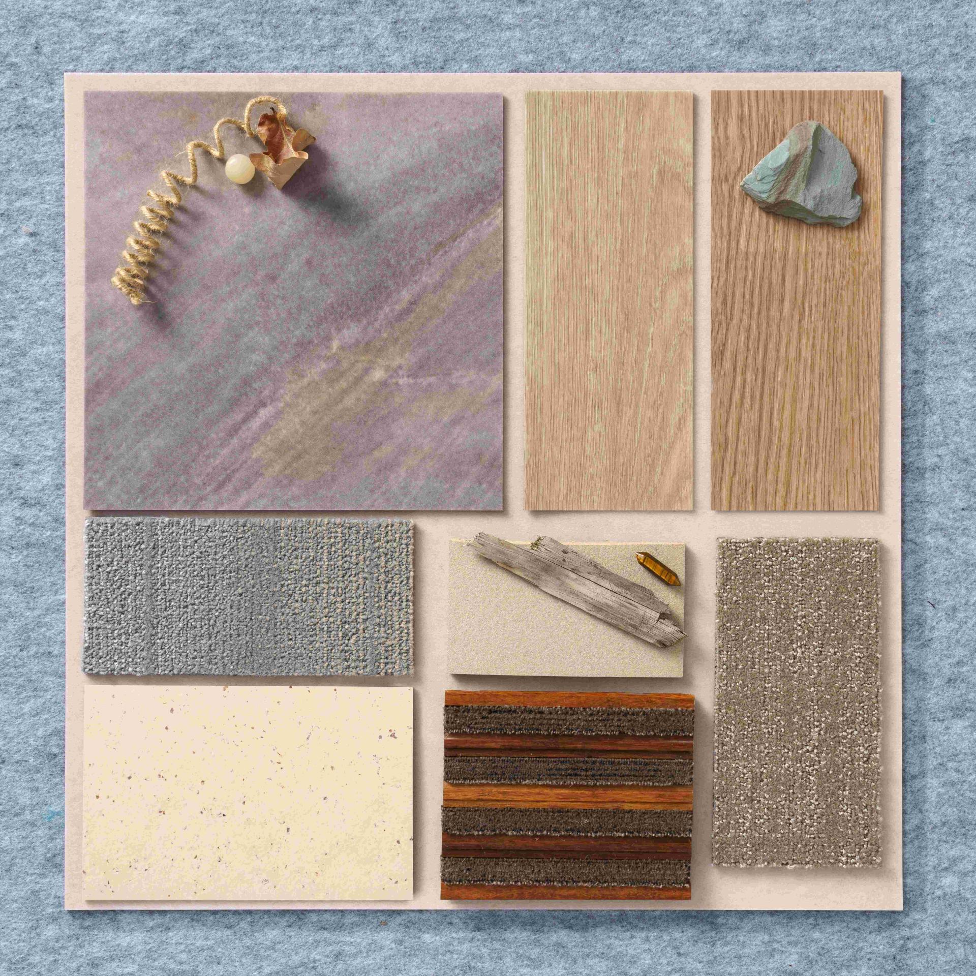 Variety of textured surfaces and colors representing Forbo's Allura Luxury Vinyl Tiles collection for 2024 design inspiration.