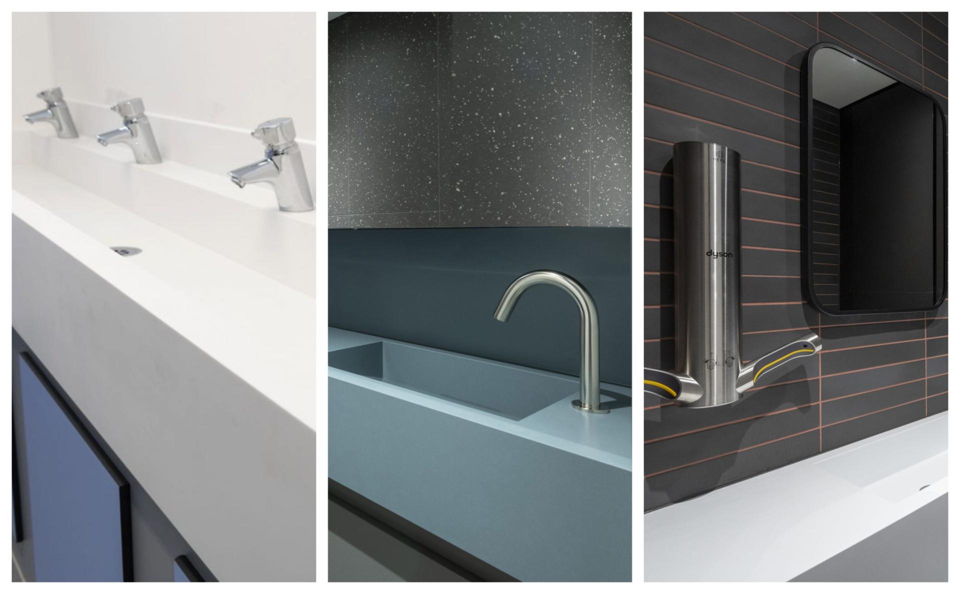 Modern commercial washroom designs featuring sleek sinks, faucets, and a hand dryer, showcasing 2022 trends in hygiene and aesthetics.