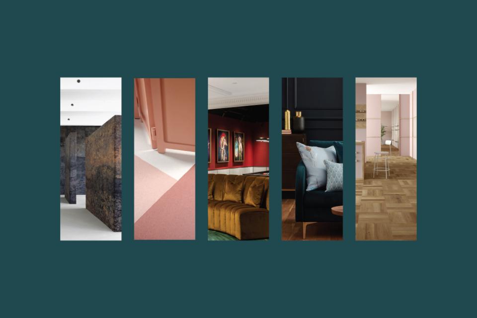 Diverse interior spaces showcasing design elements from Material Source Studio in Glasgow, highlighting textures and color palettes.