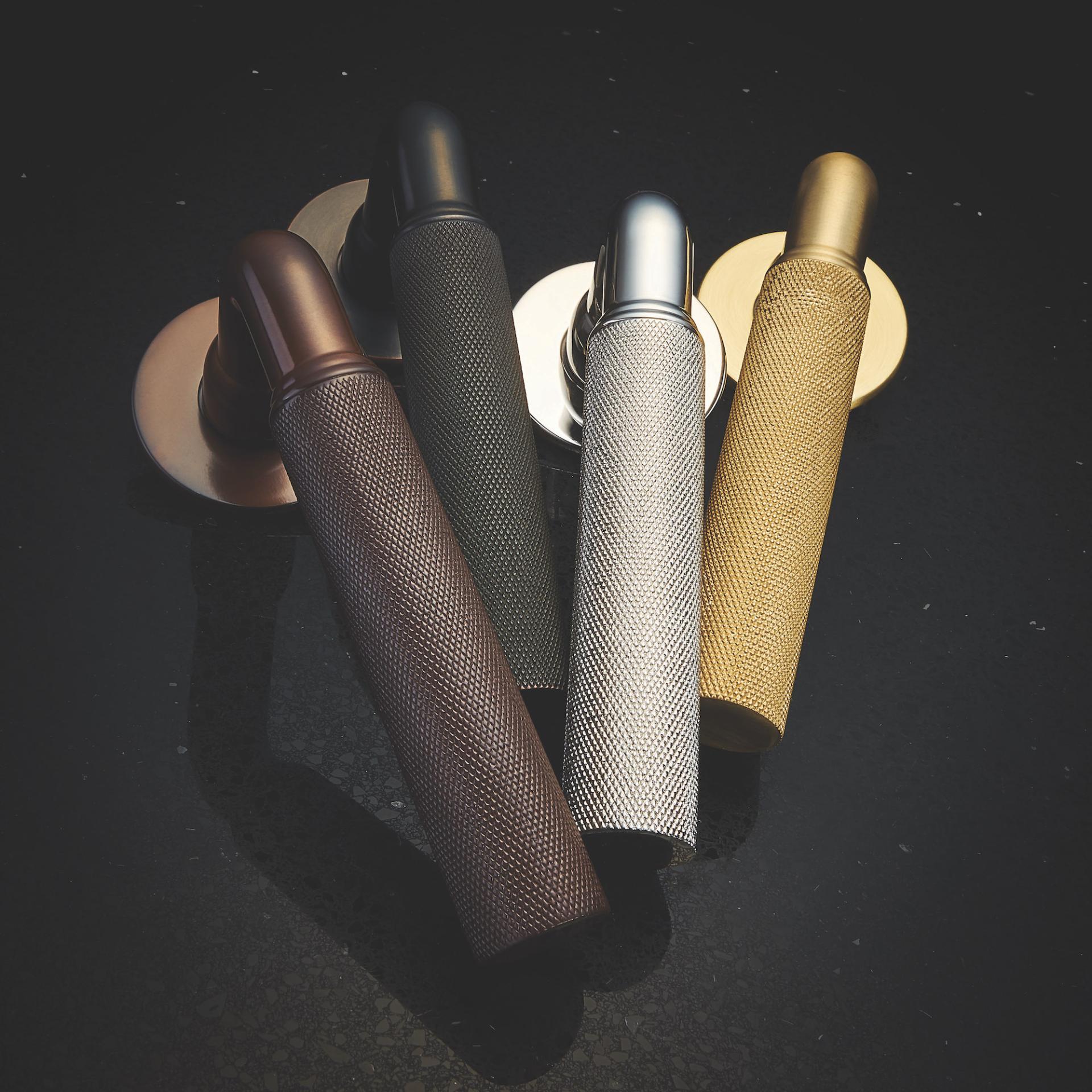 Stylish door hardware in various finishes, showcasing the modern design elements of Material Source Studio partners.