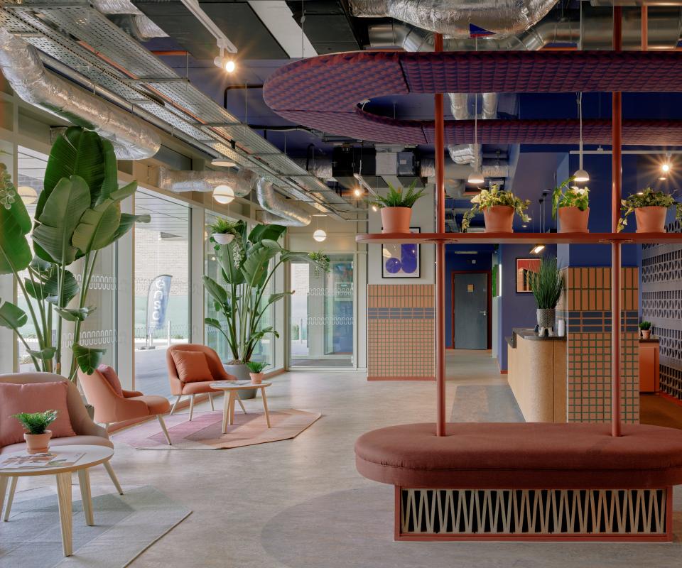Modern interior of Enso student accommodation in Colchester, featuring vibrant decor, plants, and comfortable seating areas.