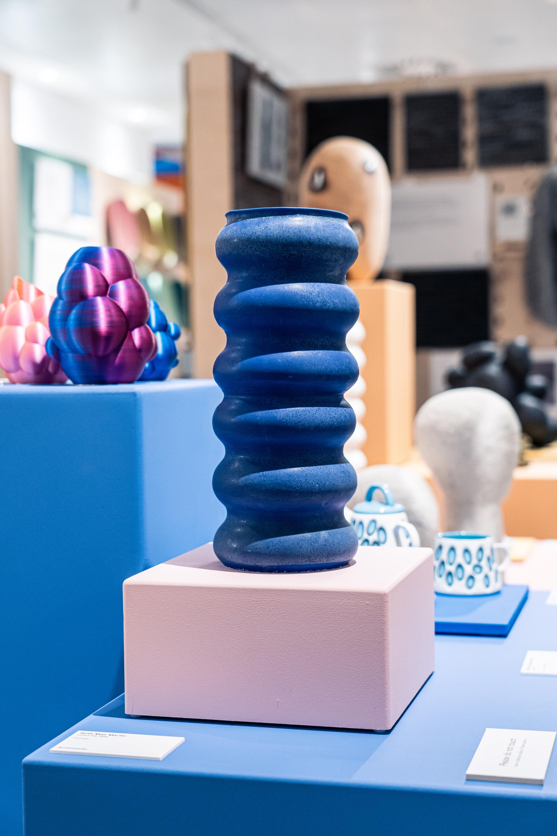 Colorful ceramic sculptures displayed at the Materials Source Studio exhibit, showcasing contemporary design and craft in Scotland.