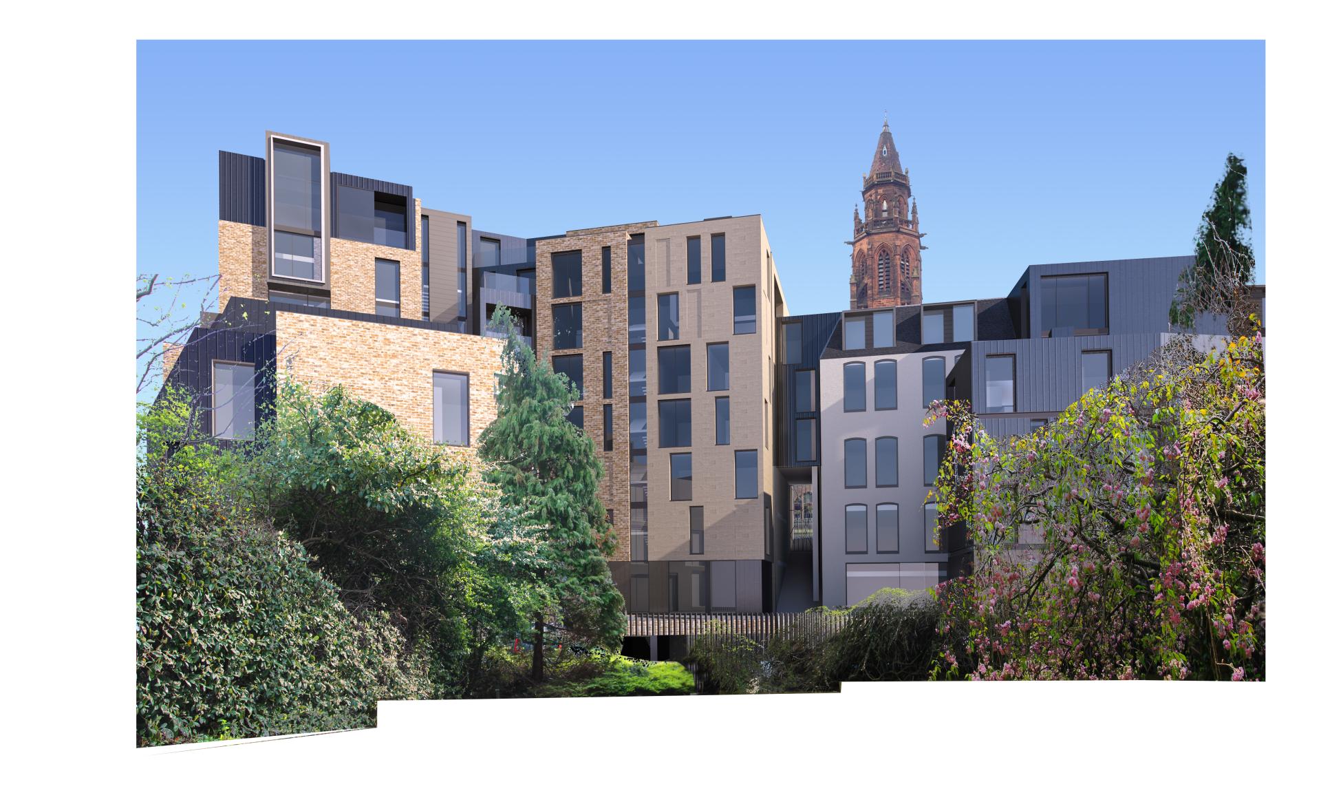 Modern buildings surrounded by greenery with a historic clock tower in the background, highlighting urban development in Scotland.