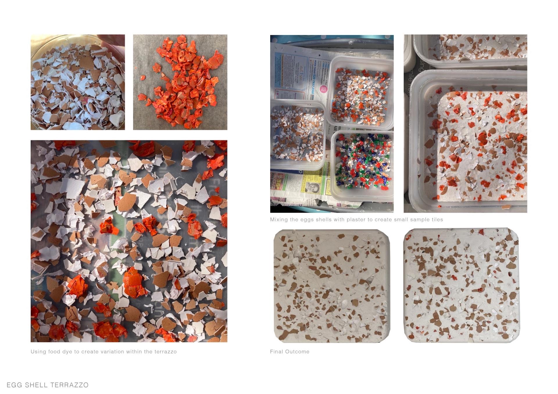 Colorful egg shell fragments mixed with plaster, showcasing the innovative process of creating sustainable terrazzo tiles by interior designer Lucia Mills.