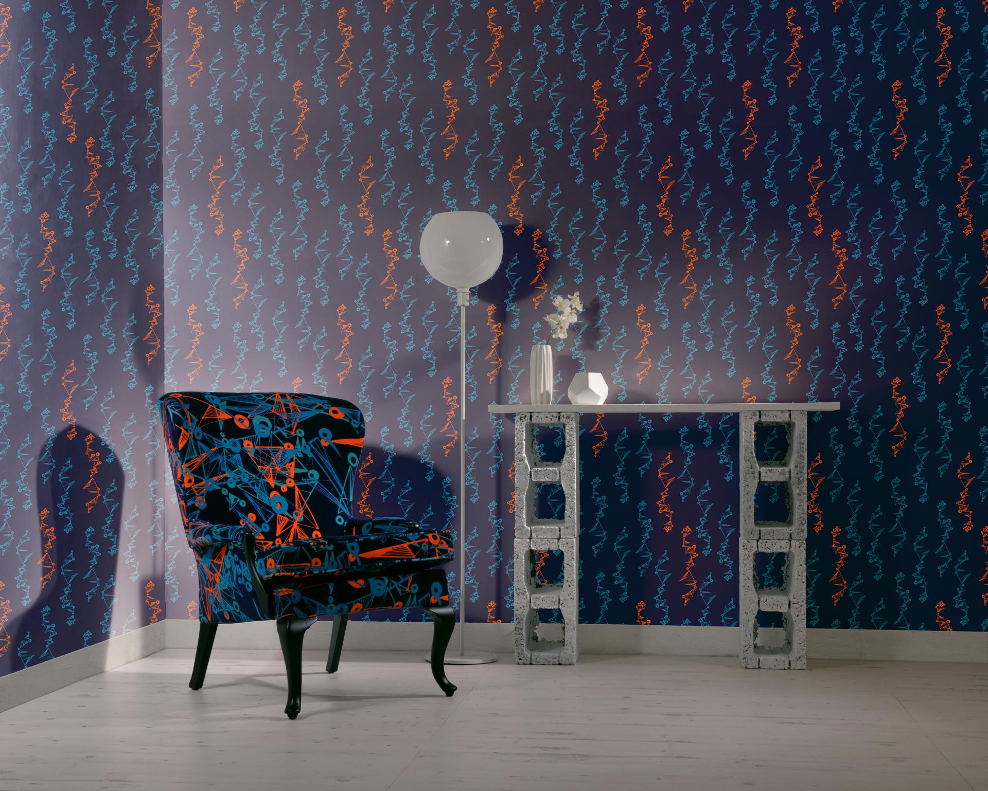 Colourful bespoke wallpaper design featuring vibrant patterns, a stylish chair, and a modern table in an Edinburgh setting.