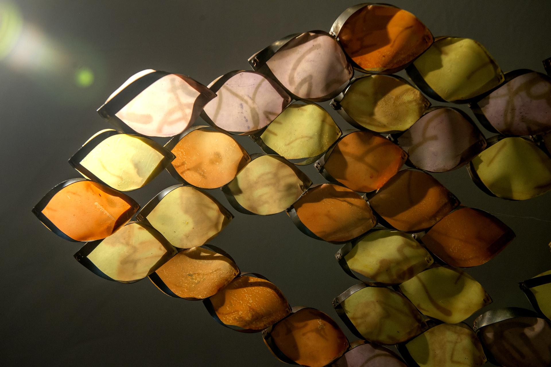 Colorful layered surface design installation featured at the Surface Design Show 2020, showcasing innovative materials and textures.