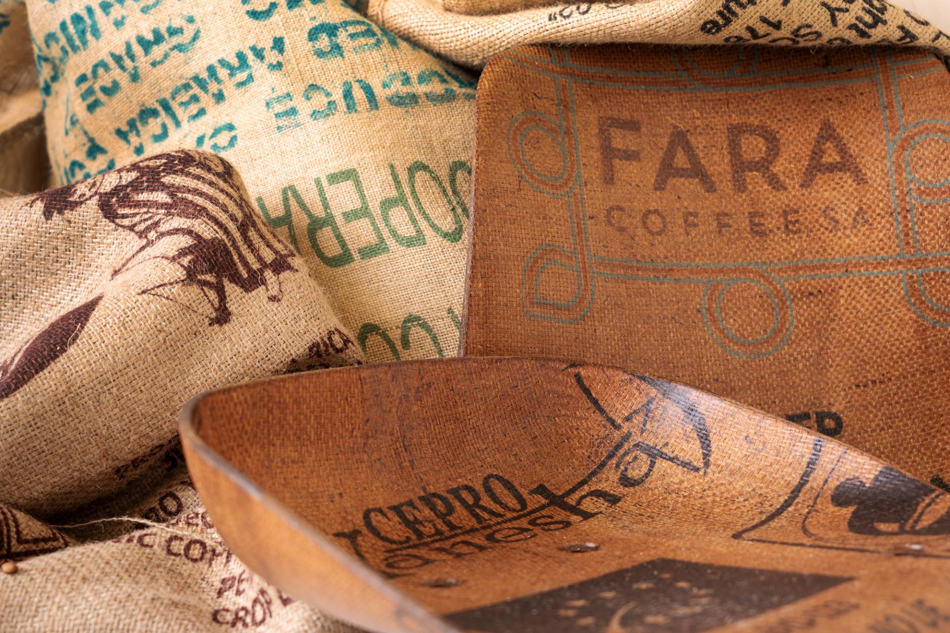 Unique furniture pieces made from recycled coffee bags, showcasing vibrant prints and sustainable design by Vepa and Peeze.