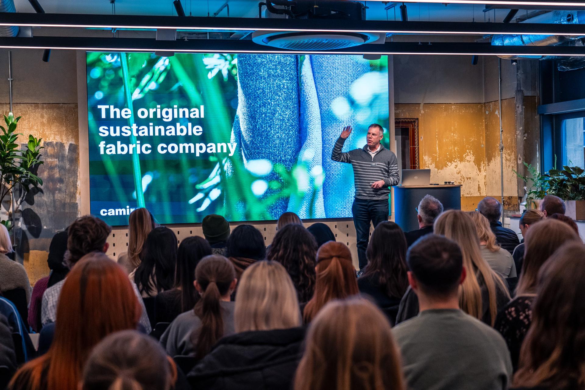 Sustainable fabric company presentation during MMU's Green Week, highlighting innovative practices in interior design.