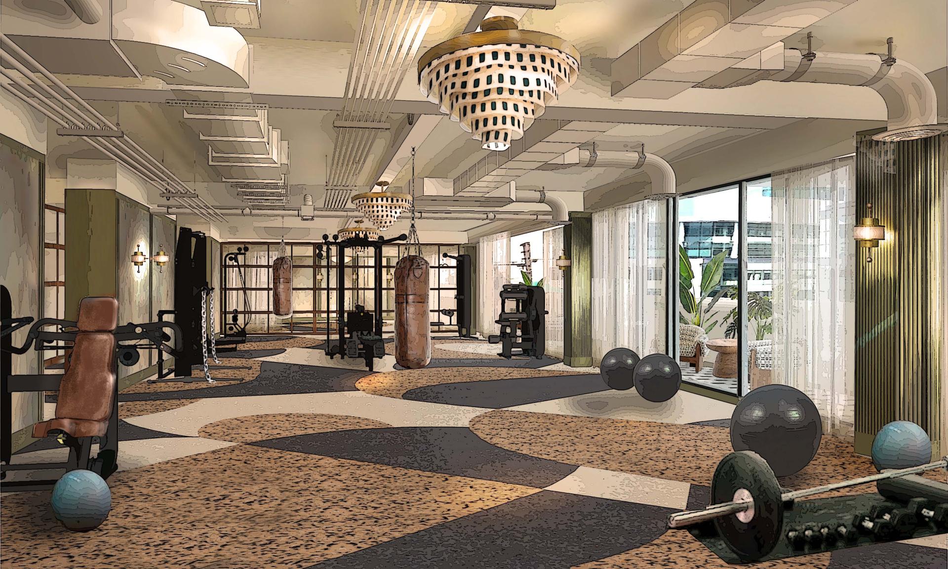 Modern gym interior at Soho House Manchester, featuring exercise equipment, spacious layout, and stylish decor, opening spring 2024.