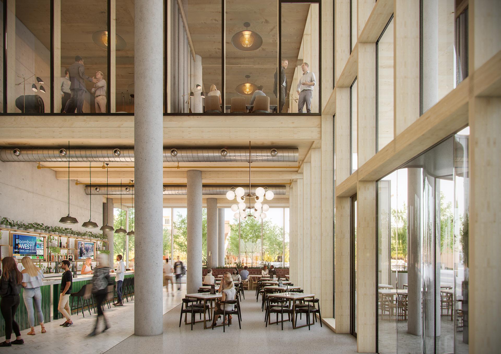 Modern interior of a cafe featuring cross-laminated timber, large windows, and a vibrant atmosphere for gatherings.
