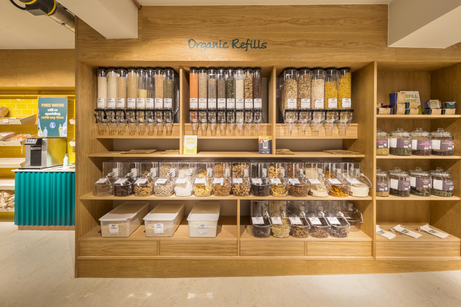Sustainable grocery display showcasing organic refills and bulk food options at Better Food's new Gloucester Road store.