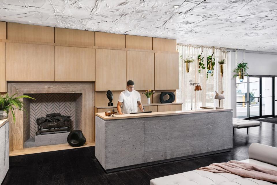 Modern hotel lobby featuring a sleek reception desk, natural wood finishes, and hanging greenery, designed by Sean Knibb.