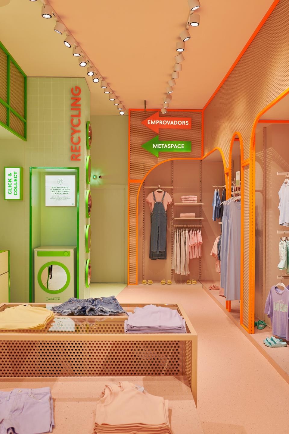 Brightly colored Mango Teen store interior showcasing a citrus-inspired design with eco-friendly features and trendy clothing displays.